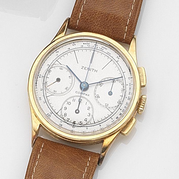 Bonhams : Zenith. An 18ct gold manual wind chronograph wristwatch ...