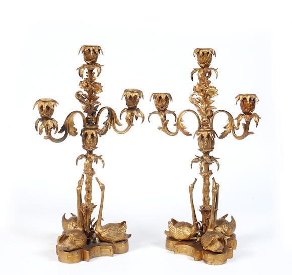 Bonhams : A pair of mid-19th Century gilt metal three branch candelabra