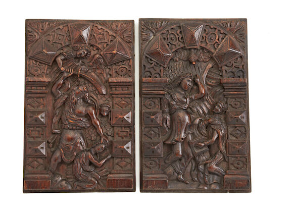 Bonhams : A pair of early 17th century carved oak panels, Flemish ...