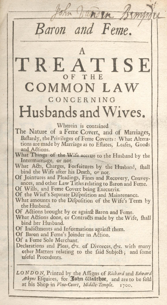 Bonhams : MATRIMONIAL LAW Baron and Feme. A Treatise of the Common Law ...