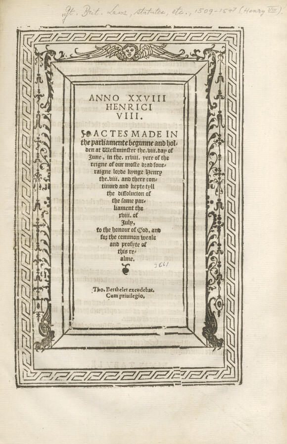 Bonhams HENRY VIII Anno primo Henrici octavi Statutes made in the