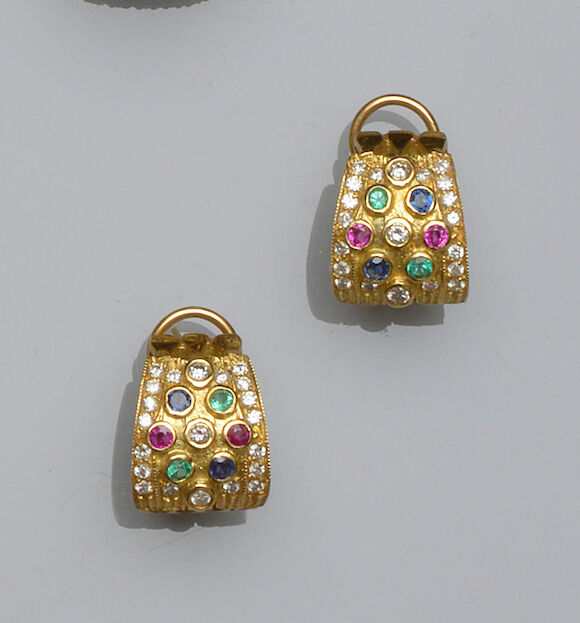 Bonhams : A pair of diamond and vari gem-set earrings