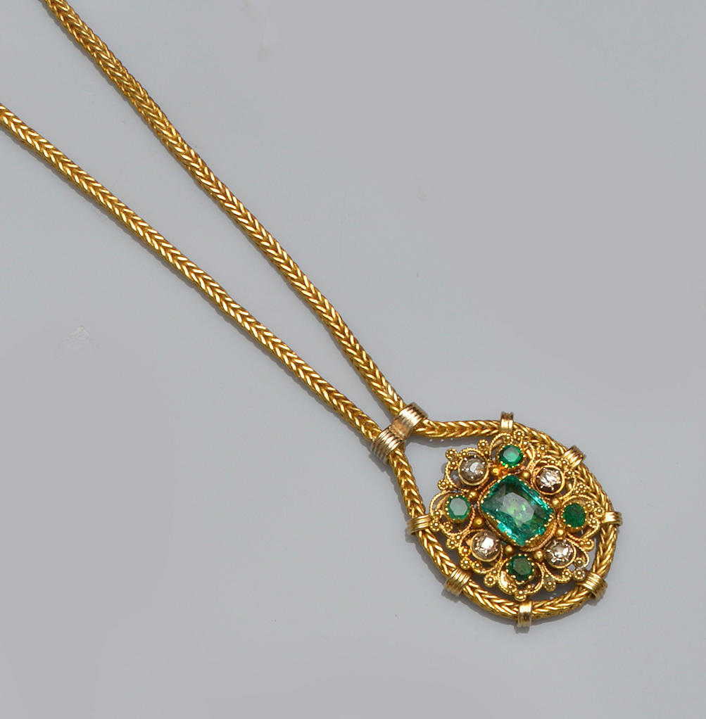 Bonhams : An emerald and diamond pendant necklace