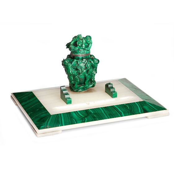Bonhams An unusual malachite and alabaster inkstand set with a