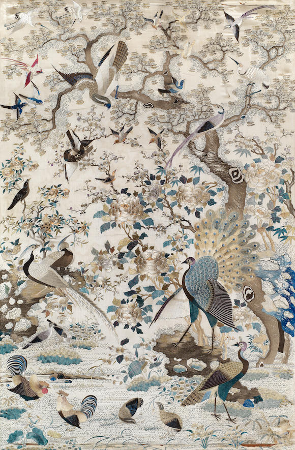 Bonhams : A rectangular 'hundred birds' silk embroidery Qing Dynasty or ...