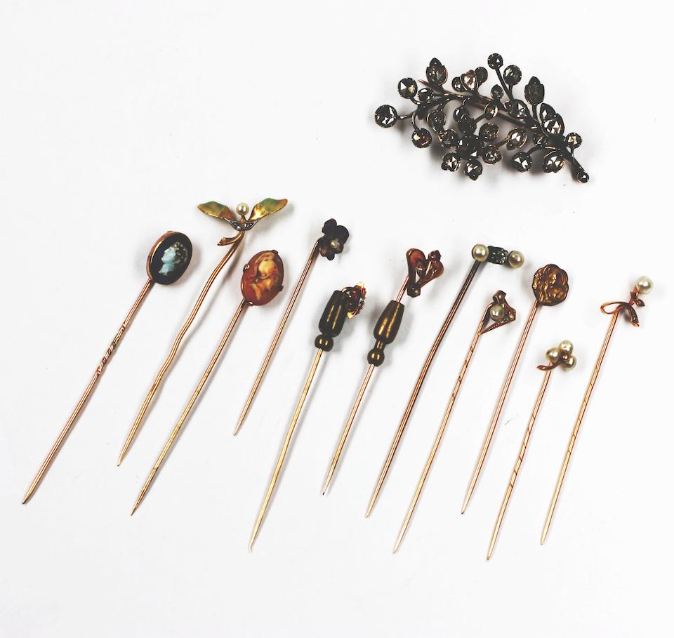 Bonhams : A rose-cut diamond brooch and a collection of stick pins (12)