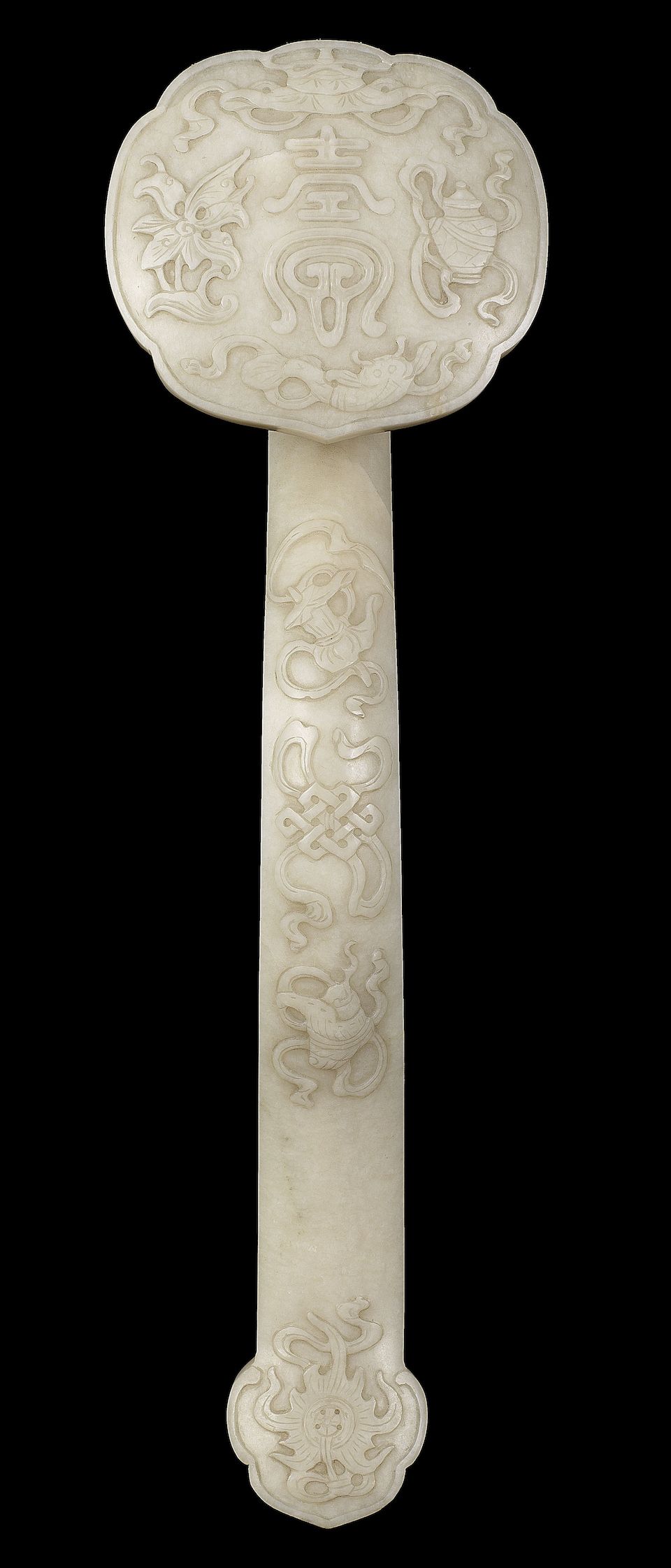 A 'chicken-bone' jade 'Eight Buddhist Emblems' ruyi 19th century