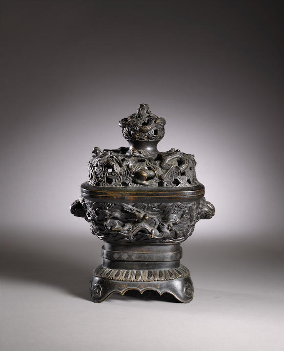 Bonhams : A fine bronze reticulated 'dragon' incense burner, cover and ...