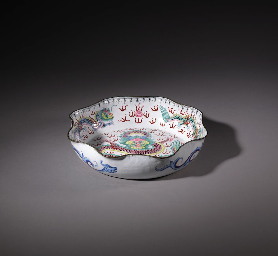 A rare large famille rose Canton enamel 'dragon' basin Mid Qing Dynasty