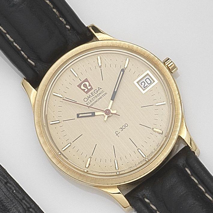 Bonhams : No.32004956, Omega. 1970 18ct for F300, electronic Ref198.003, calendar Movement An gold London wristwatch Hallmark