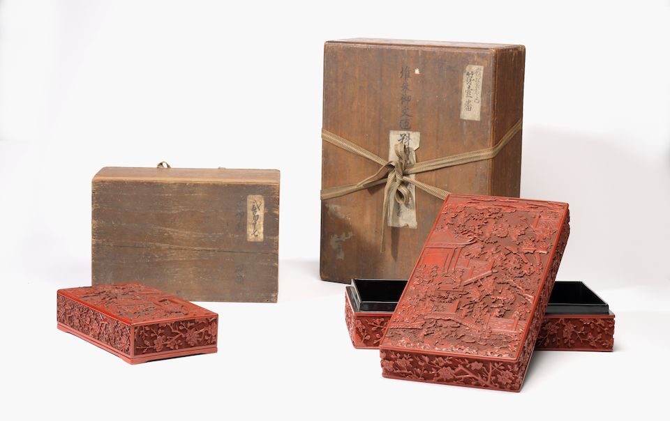 A very rare and large carved cinnabar lacquer 'one hundred boys' rectangular box and cover, with a very rare carved cinnabar lacquer 'boys' inkstone box and cover Both 16th century