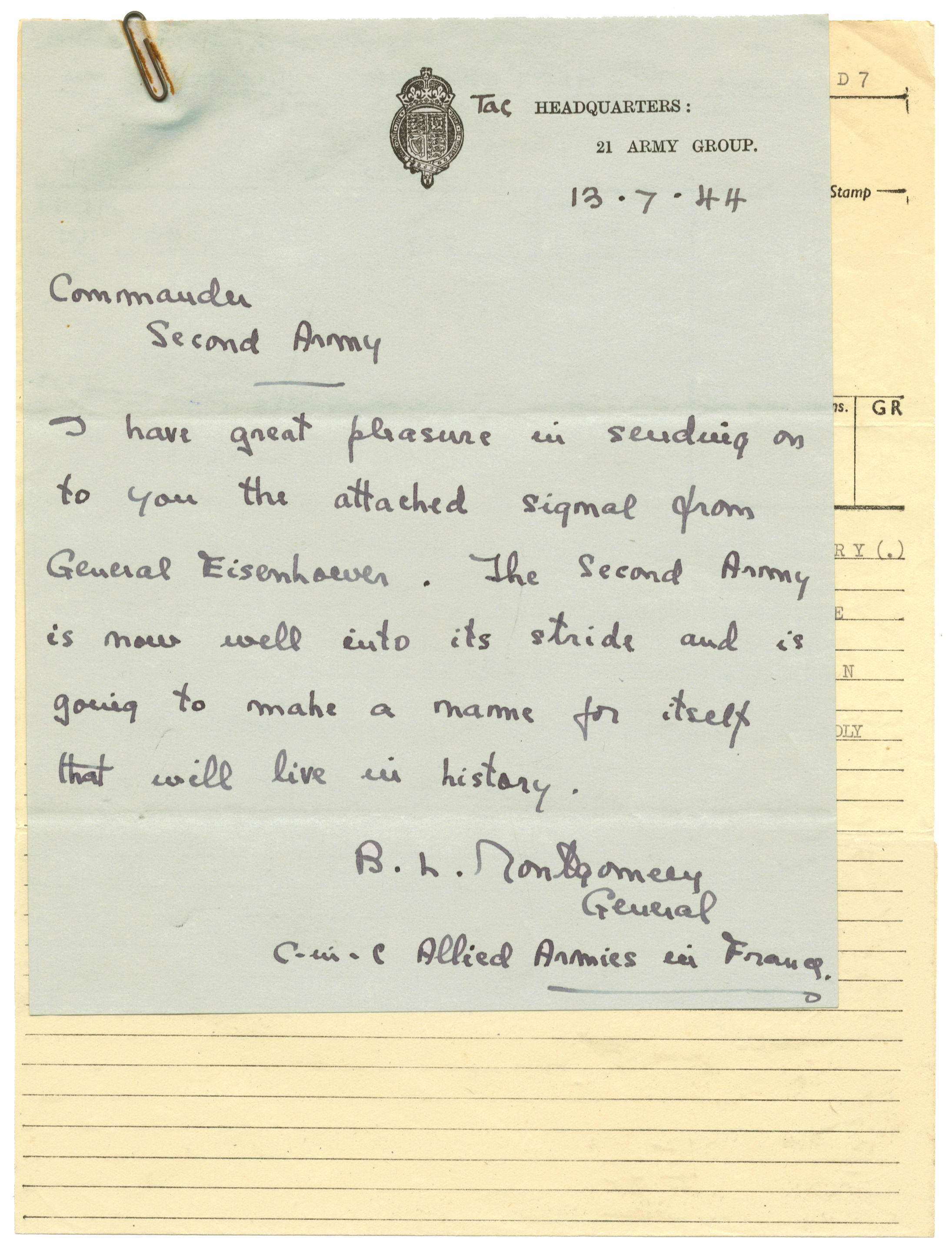 Bonhams MONTGOMERY (BERNARD LAW) Autograph letter signed  Montgomery/ General/ C-in-C Allied Armies in France), to General Miles  Dempsey (Commander Second Army), TAC Headquarters, 21 Army Group, 13 July  1944
