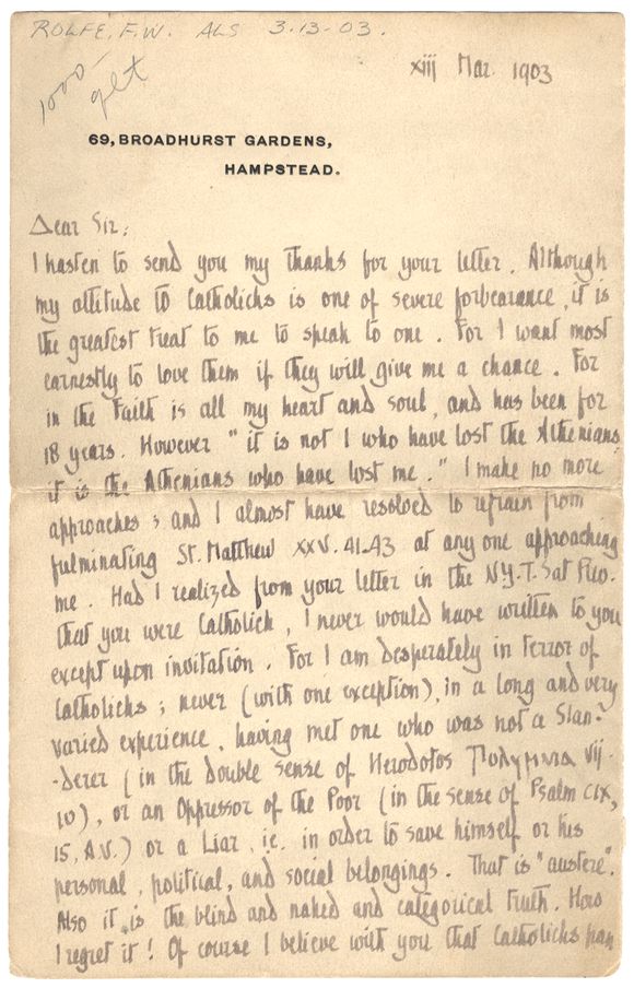 Bonhams ROLFE (FREDERICK WILLIAM) 'Baron Corvo' Autograph letter