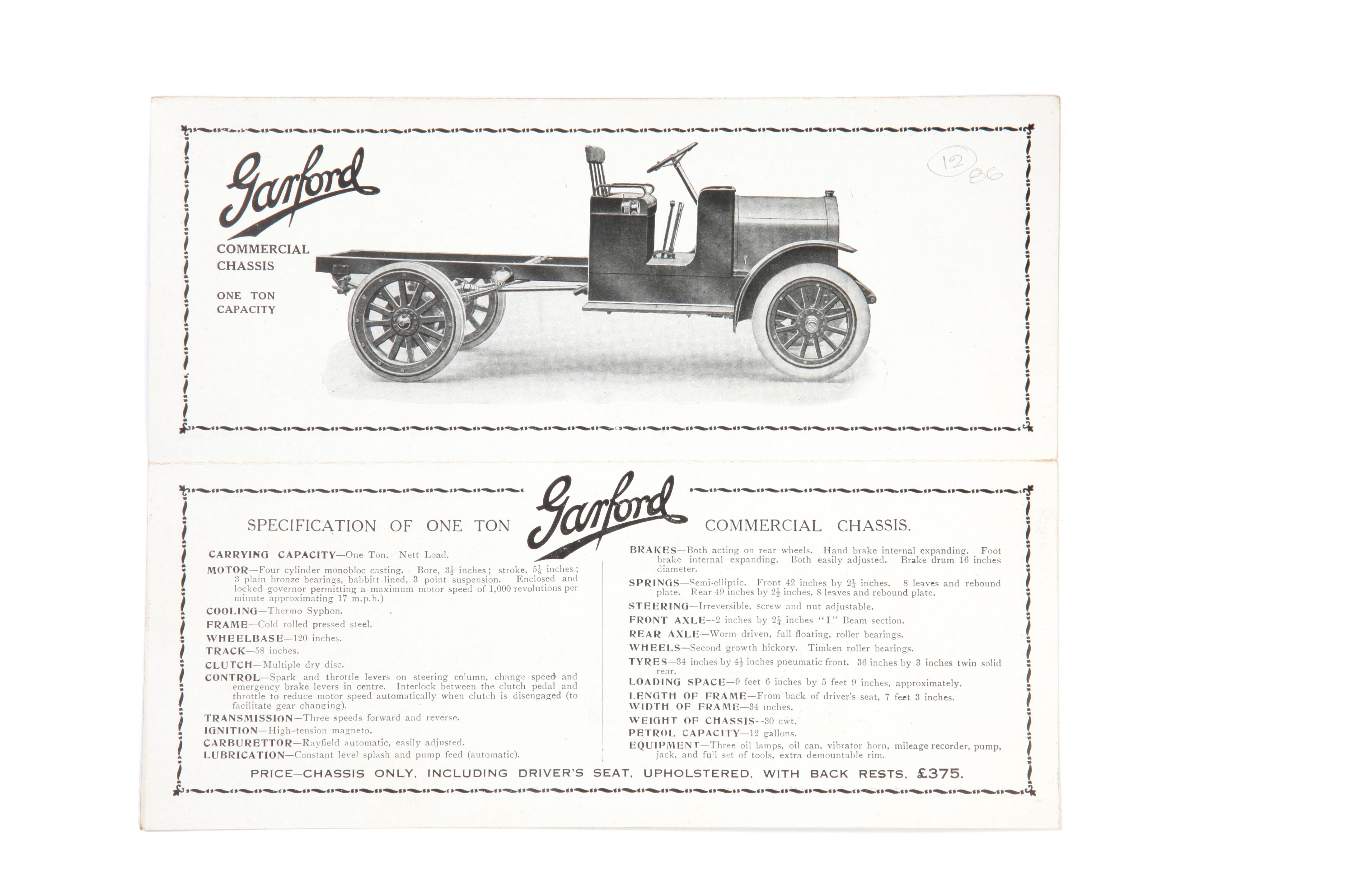 Bonhams Cars A Garford 1 ton commercial chassis sales leaflet,