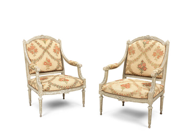 Bonhams : A pair of French early 20th century grey painted fauteuils in ...