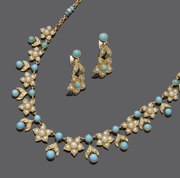 Bonhams : A turquoise and seed pearl necklace and earrings suite (2)