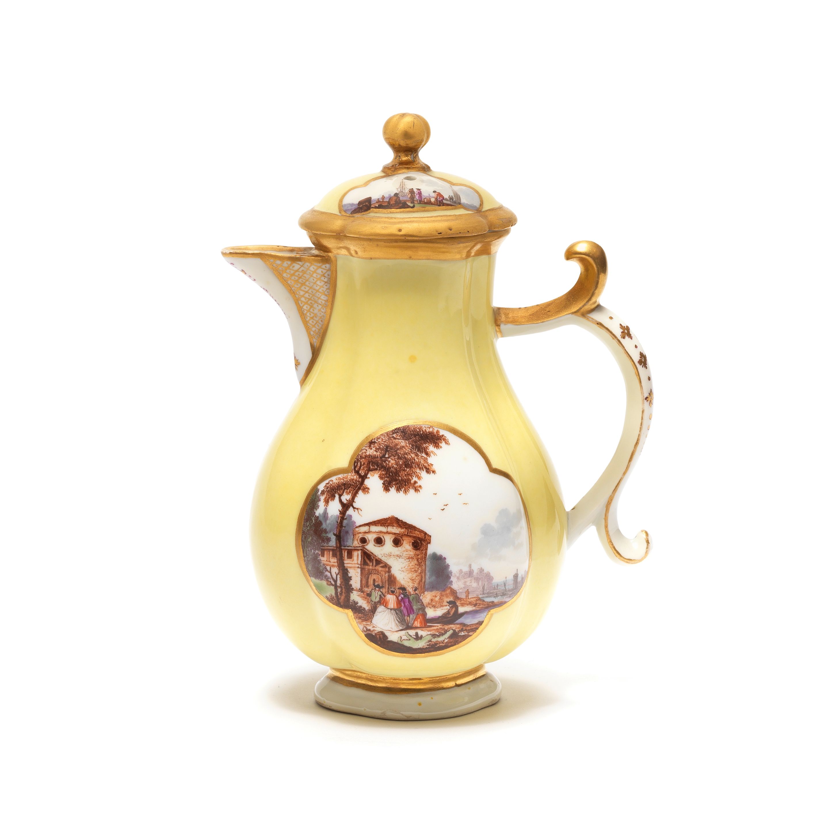 Bonhams A Meissen yellowground hot water jug and cover, circa 1740