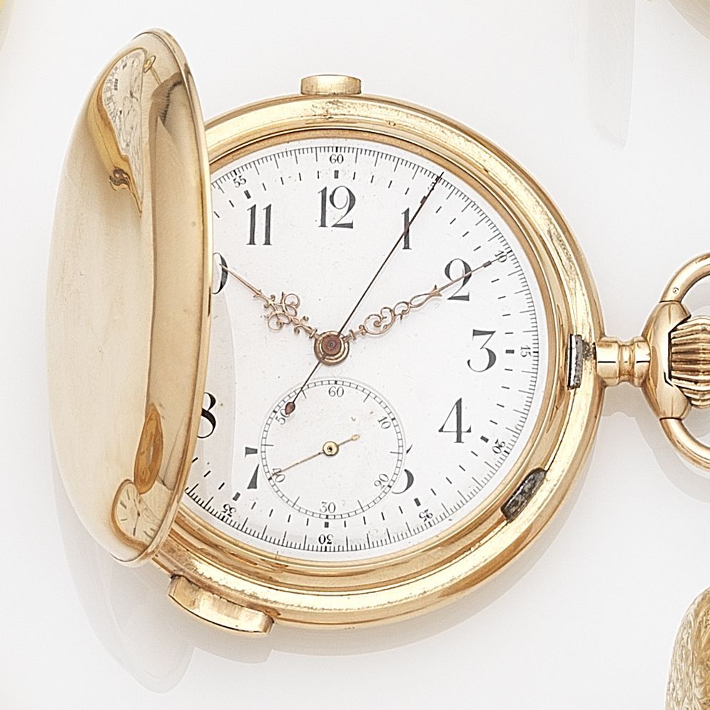 Bonhams Swiss. A 14ct gold keyless wind quarter repeating chronograph
