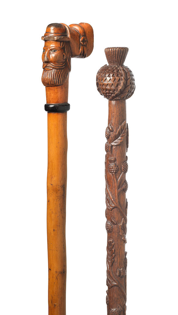 Bonhams : A Scottish wooden carved 'Thistle' walking cane together with ...