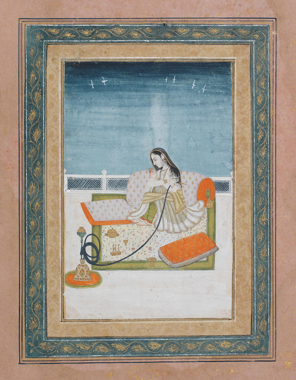 Bonhams A Maiden Smoking A Hookah On A Terrace Provincial Mughal 18th Century