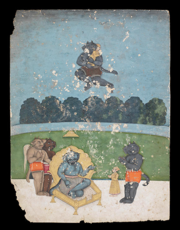 Bonhams The King Of The Divs Seated On A Terrace With Attendant Demons Mughal 18th Century