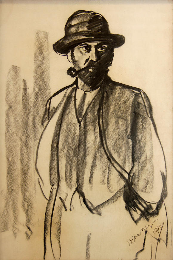 Bonhams : Jacob Kramer (British, 1892-1962) Portait of a man smoking a pipe