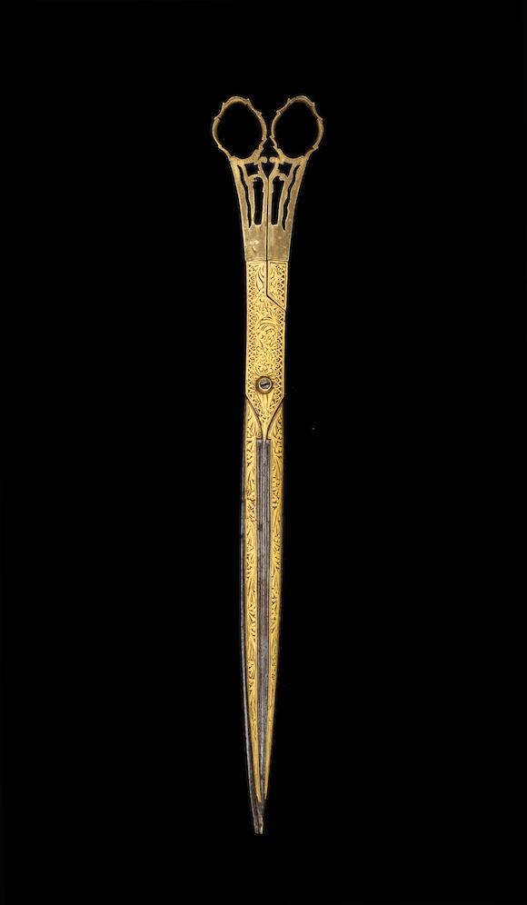 Bonhams : A pair of Ottoman gold damascened steel Scribe's Scissors ...