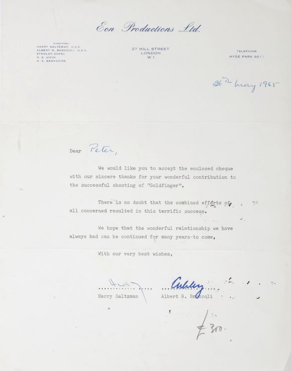 Bonhams James Bond A letter of thanks to Peter Murton for his