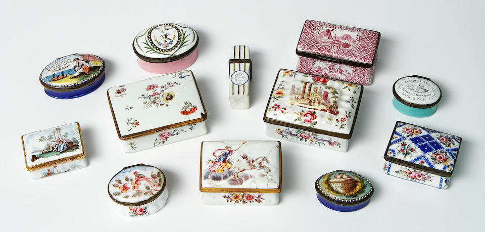 Bonhams : A group of English enamel snuff and patch boxes, late 18th ...