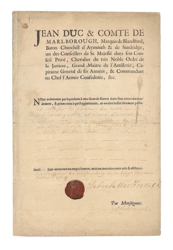 Bonhams : MARLBOROUGH (JOHN CHURCHILL, first Duke of) Military pass ...