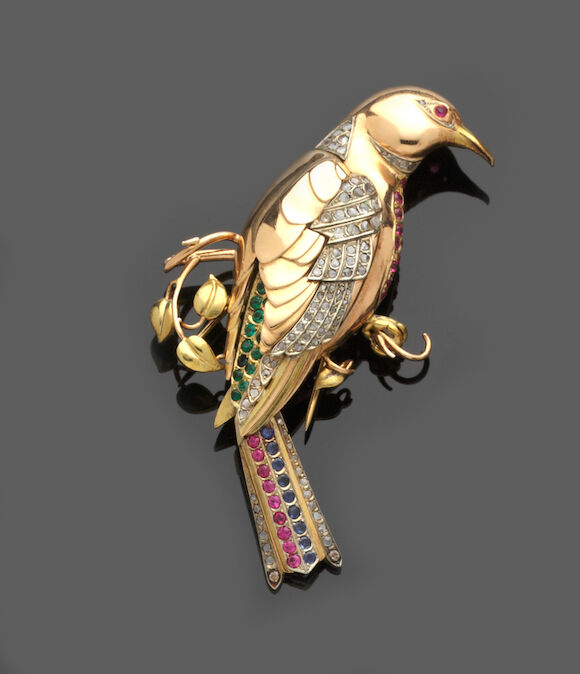Bonhams : A vari gem-set bird brooch