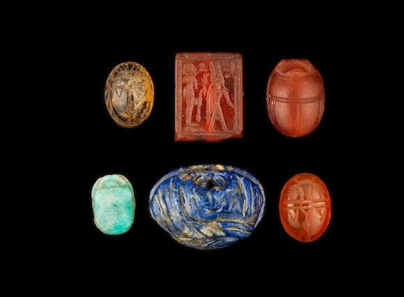 Bonhams : Two Egyptian hardstone amulets an Etruscan carnelian scarab a ...