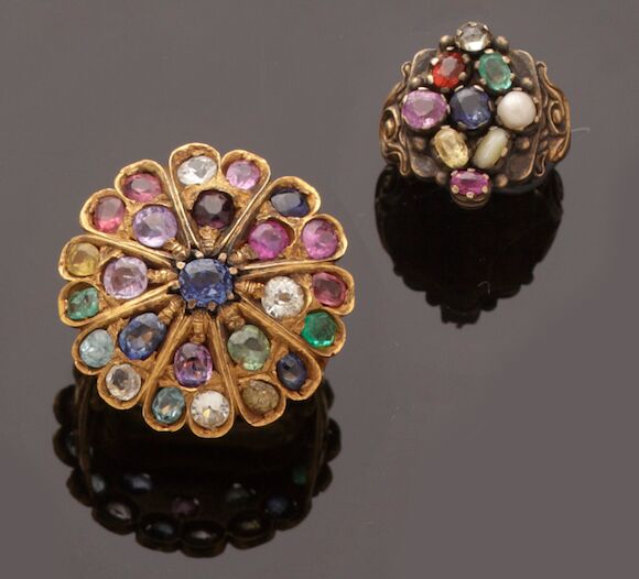 Bonhams : A vari gem-set large cluster ring and another smaller ring (2)
