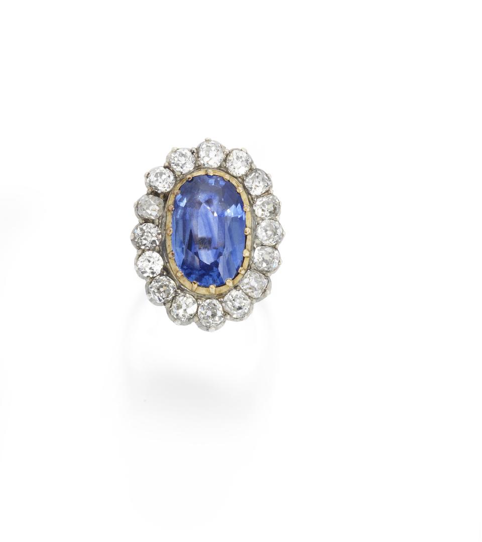 Bonhams : A sapphire and diamond necklace, earring and ring suite