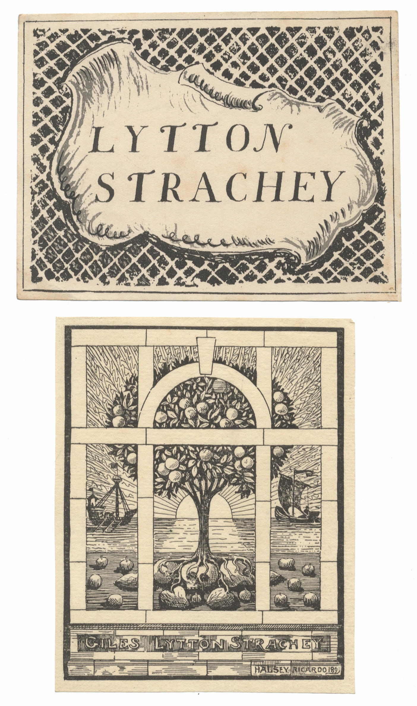 Bonhams : STRACHEY (LYTTON) Original design by Halsey Ricardo for Lytton  Strachey's first pictorial bookplate, together with examples of the printed  version, in both sizes, printed in black; and an example of