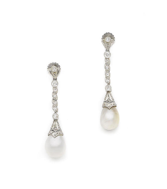 Bonhams : A pair of pearl and diamond pendent earrings,