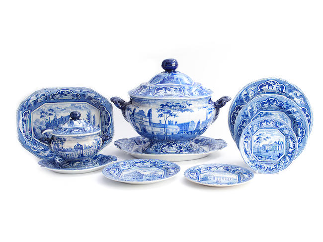 A group of Ridgway blue and white printed earthenware from the Oxford and Cambridge College series, early 19th century