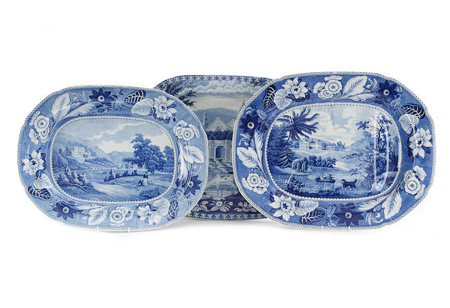 A 'British Views' series blue and white printed earthenware 'tree' meat dish and two other large dishes, circa 1820-30