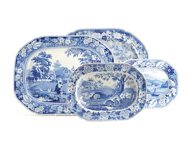 Four various blue and white printed earthenware platters, circa 1820-30