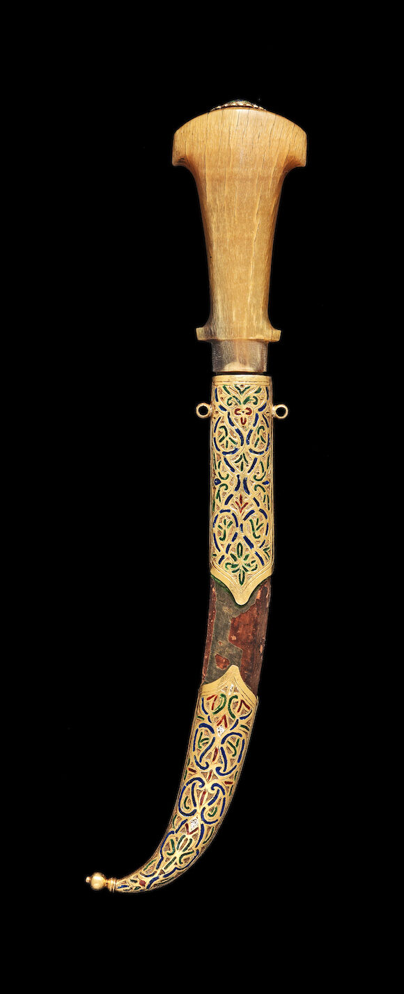 Bonhams : A gold-mounted and enamelled rhinoceros horn-hilted Dagger ...
