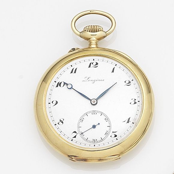 Bonhams Longines. An 18k gold keyless wind open face pocket watch