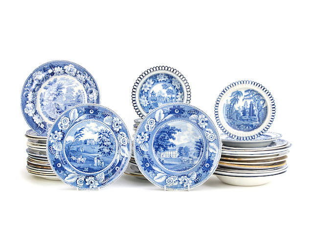 A large collection of English blue and white printed earthenware plates, early 19th century