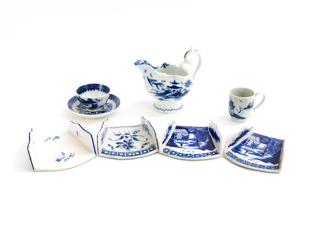Four Derby asparagus servers, a Derby 'Dolphin Ewer' creamboat, a Chaffers miniature coffee cup and a Caughley toy teabowl and saucer, circa 1760-70