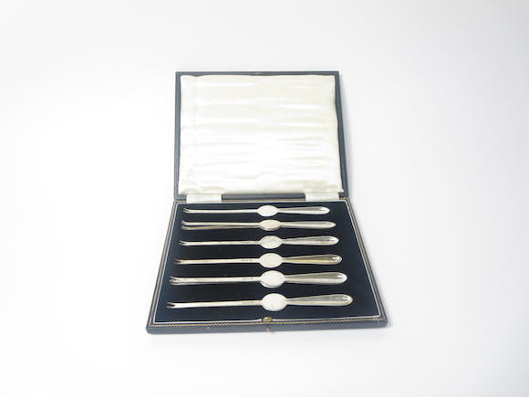 Bonhams : A cased set of eight silver lobster picks by J.Round, Sheffield