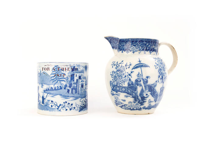 A Swansea blue and white mug and a jug, early 19th century