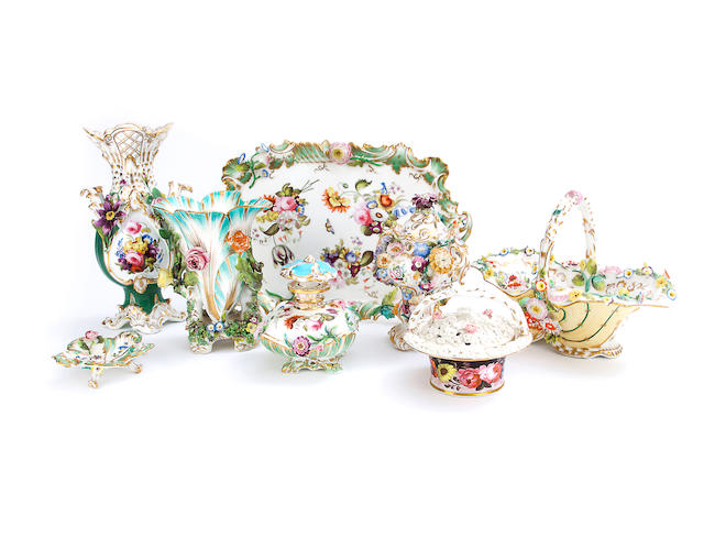 A group of English floral encrusted porcelain, circa 1820-40