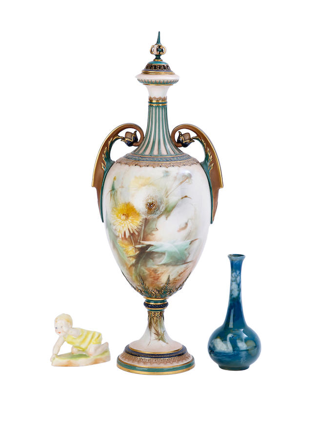 A Hadley Worcester vase and cover, a Sabrina Ware vase and a figure 'Michael', early 20th century