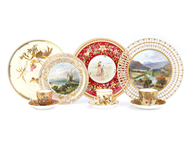 A Minton cabinet plate, a Derby (King Street) plate, a Derby Crown Porcelain plate and other pieces