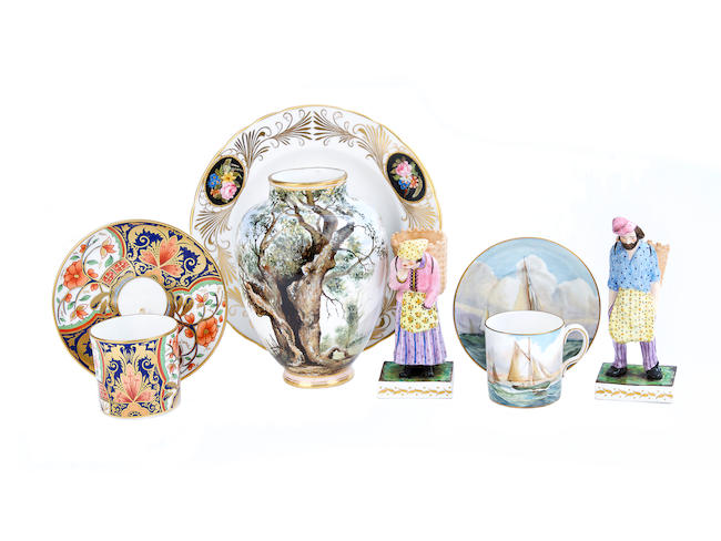 A Royal Crown Derby coffee can and saucer by W E Dean, a vase, a plate, a Japan pattern can and saucer and a pair of King Street figures, 20th century