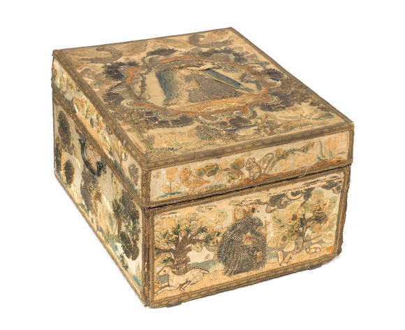 Bonhams : A mid 17th century embroidered box with secret drawers